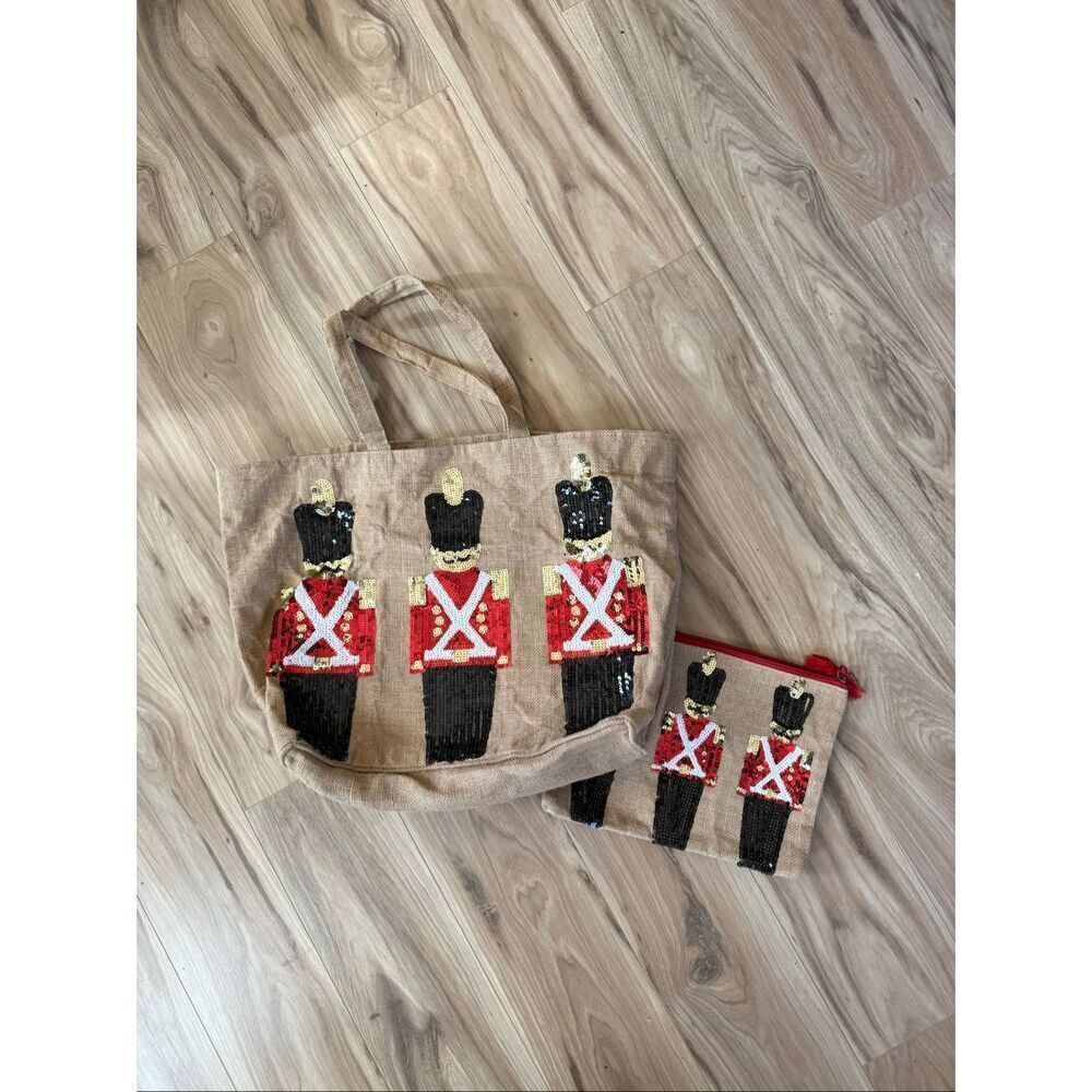 Olive & Hill Womens Nutcracker Soldier Sequin Burlap Tote and Lined Pouch Bag